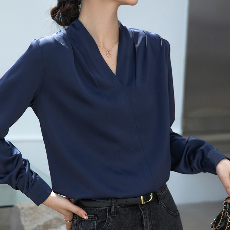 Nueva moda con cuello en V camisa de satén blusa Vintage mujer