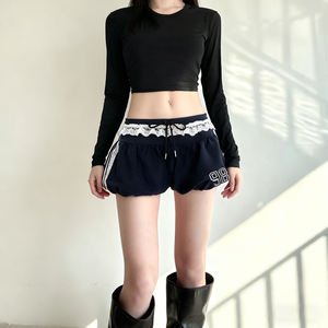 Sweet Street Style Loose Mid Waist Bouffant Bermuda Shorts Eco-Friendly Breathable Digital Print Lace Trim Color Block - Product Image 5