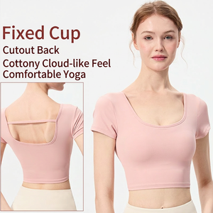 Top de Yoga con Copas Fijas para Mujer, Manga Corta, Cuello Redondo, Espalda Recortada, Sensación de Algodón Suave como una Nube, Ropa Cómoda para Entrenamiento - Product Image 3