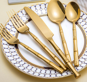 Servizio di ristorazione ristorante di fascia alta usato bambù Design oro posate in acciaio inox 18/10 Set posate <span class=keywords><strong>argenteria</strong></span> - Product Image 1