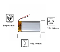 Baterai litium polimer 802040-2, baterai pengganti 2 kabel 650mAh 3.7V 802040, baterai isi ulang kapasitas tinggi