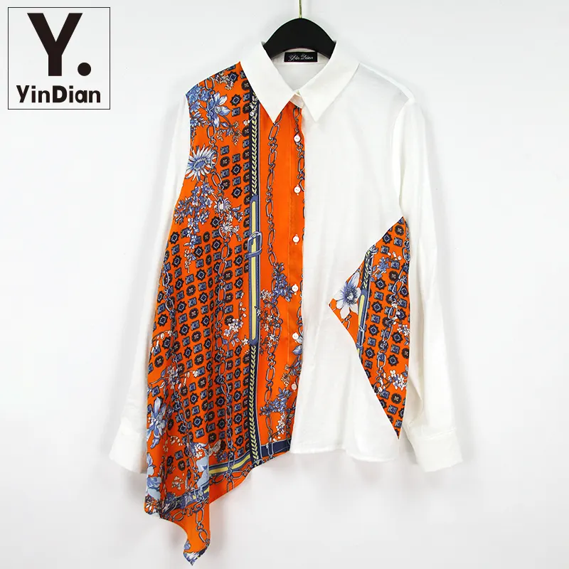 Yindian Patchwork White Shirt Turn-down Collar Casual Loose Shirt Women Long Sleeve Summer Blouses & Tops Button Knitted Regular