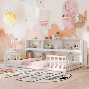 <span class=keywords><strong>Cama</strong></span> Montessori Moderna de Metal con Estantería, Estantes de Almacenamiento, Barandillas de Seguridad, Tamaño Personalizado, Camas Gemelas para Niñas y Niños - Product Image 1