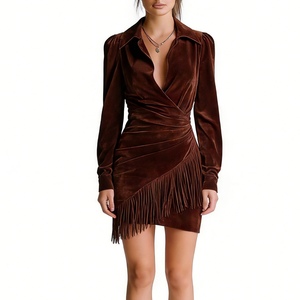 Vestido Mini Cruzado de Ante Sintético para Mujer, Manga Larga, con Flecos en el Bajo, Estilo Western, Vestidos de Fiesta, Moda - Product Image 3