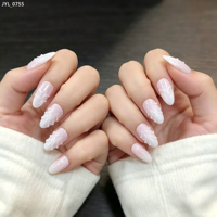 24 faux ongles press-on rose nude dégradé 3D en relief, forme amande moyenne, réutilisables, style luxueux et éthéré, pré-dessinés