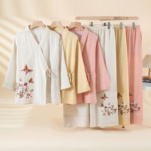 Pigiama da <span class=keywords><strong>Donna</strong></span> in Tencel e Lino di Nuovo Stile, a Maniche Lunghe, con Laccetti e Motivi Floreali, per Primavera Estate Autunno - Product Image 1