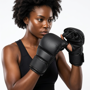 Gants de MMA demi-doigts avec sangle de poignet longue et fermeture auto-agrippante pour hommes et femmes - Équipement de protection pour arts martiaux - Product Image 3