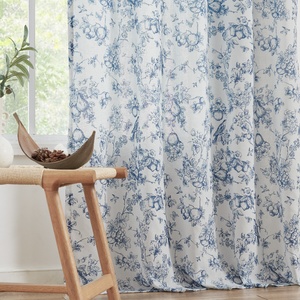 84-inch Linen Hoa rèm cửa phòng khách 84 inch Chiều dài màu xanh in hoa Pháp Country farmhouse tiểu lõi toile - Product Image 3