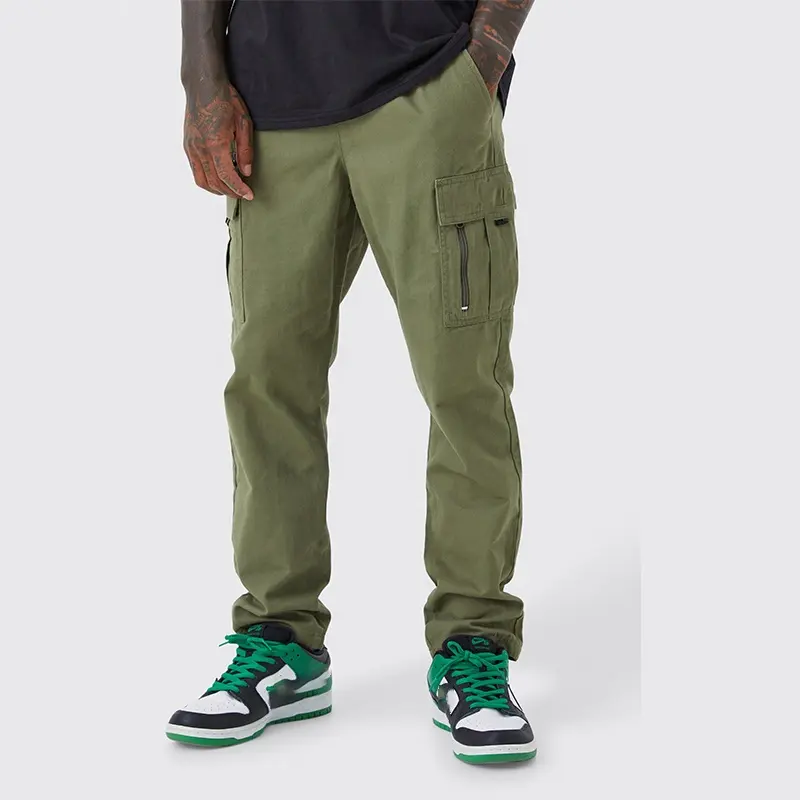 Luxury Chino 100% Twill Cotton Khaki Elastic Waist Straight Leg Cargo Zipper Pockets Mens Streetwear Cargo Pants