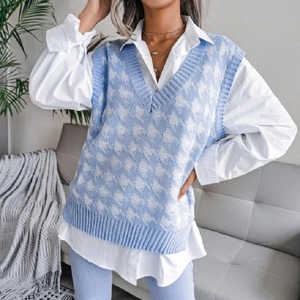 Chaleco de punto para mujer, otoño-invierno, diseño pata de gallo, sin mangas, corte holgado, <span class=keywords><strong>cuello</strong></span> en V, ribete acanalado, borde ancho, cómodo, suave, informal - Product Image 2