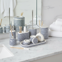 Ensemble d'accessoires de salle de bain en céramique scandinave rétro bleu et blanc à pois, 8 pièces, distributeur de savon, porte-brosse de toilette, poubelle