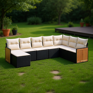 Ensemble de canapés de jardin en rotin PE noir D0100XFTCR8, 6 places, pieds réglables, mobilier d'extérieur, design contemporain, panneau en teck - Product Image 2