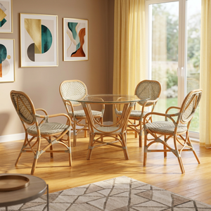 Modern Rattan Dining Set 5 Piece Cross Back Chairs Glass <b>Top</b> Table Coastal Style Home Furniture - Product Image 4
