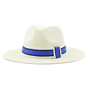 Unisex Panama <b>Hat</b> White <b>Straw</b> Fedora With Blue Striped Band Beach Summer Accessory - Product Image 1