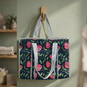 Floral Print Embroidered Quilted Cotton <b>Tote</b> <b>Bag</b> With Padded Design Zipper Closure <b>Large</b> Capacity <b>Travel</b> Shoulder <b>Bag</b> - Product Image 5