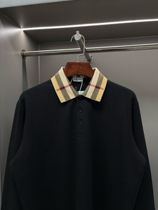 <span class=keywords><strong>Polo</strong></span> a <span class=keywords><strong>maniche</strong></span> <span class=keywords><strong>lunghe</strong></span> da uomo in cotone 100% nero traspirante con risvolto, stile casual di lusso, ispirato a Burberry - Product Image 2