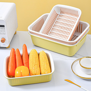 Creative Double Layer Drain Basket Plastic Vegetable Washing Basin Stackable Kitchen Storage Fruit Plate Square L Size - Product Image 1