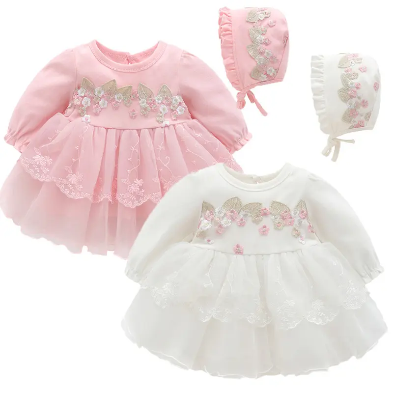 Hot Style Newborn Princess Tutu Dress Embroidery Floral Lace Cute Baby Girls Party Dress With Hat