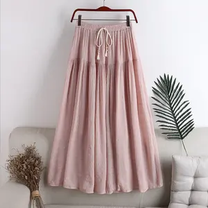 2024 New Mid-Length Skirt Female Summer Korean Style High Waist Slimming Fairy Skirt Cotton And Linen Bow Ins Skirt