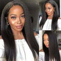Perruque mi-tête 3-en-1 sans colle, cheveux brésiliens Go Yaki, fabriquée à la machine, avec clips, bouclés style birman, mi-humains, texture Kinky Straight