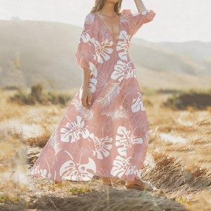 Vestido Maxi Casual de Verano con Estampado Personalizado OEM, Escote Profundo en V, Fruncido, de Rayón Suave de Alta Calidad, Estilo Polinesio - Product Image 1