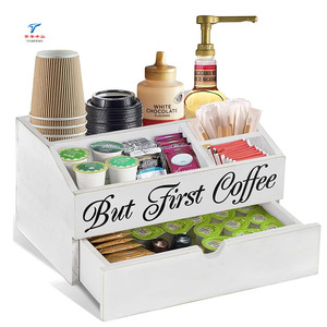 Custom Rustic Wooden Bar Accessories Condiment Pod Holder Coffee Station Organizer with Drawer