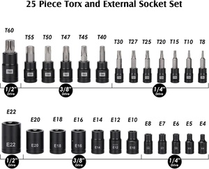 Jeu de 25 embouts <span class=keywords><strong>Torx</strong></span> OEM, 13 embouts étoile T8-T60 et 12 douilles E-<span class=keywords><strong>Torx</strong></span> E4-E22, kit d'outils professionnel pour mécaniciens automobiles et motocyclistes - Product Image 2
