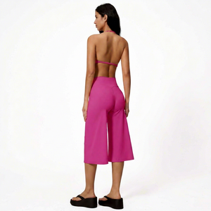 Pink Seamless Sports Bra and Culotte Set Women Yoga Workout Activewear Halter <b>Crop</b> <b>Top</b> High Waist Cropped Pants - Product Image 1