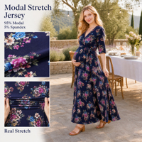 Robe longue de maternité et d'allaitement à col en V, motif floral, manches mi-longues, croisée avec lien à nouer à la taille pour femmes enceintes