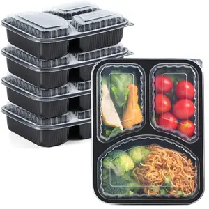包装食品微波安全一次性3格PP食品容器带透明盖黑色外卖食品包装盒受欢迎