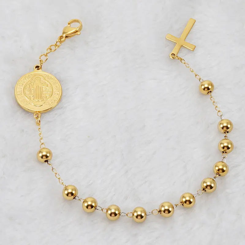 Edelstahl Armband 18 Karat Gold Perlen Religiöse Jungfrau Maria Modeschmuck Armband & Armreifen