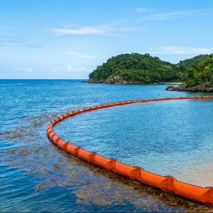 Barrières flottantes anti-sargasses en tissu/bâche PVC enduit orange/jaune 20 mètres pour la protection marine/oceanique/de plage - Product Image 1