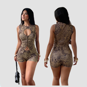 Conjunto de Dos Piezas Casual sin Mangas con Diseño de Rayas de Cebra Estilo Europeo Americano, Corte Sexy y Cintura Baja - Product Image 1