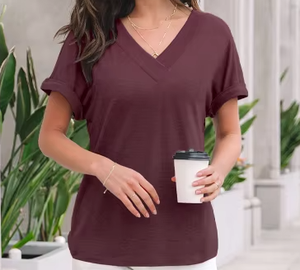 Trajes básicos bonitos de moda para mujer, camiseta de manga corta con cuello en V, Top de punto transpirable para ropa informal de verano 2025 - Product Image 2