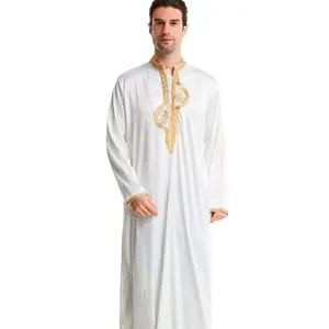 Erkek Nightshirts uyku için, müslüman arap orta doğu standı yaka nakış ipek elbise
