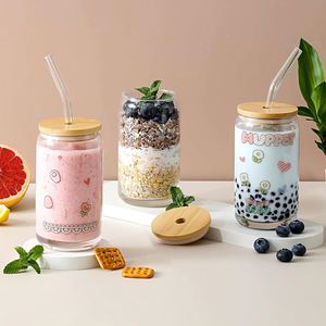 USA Warehouse Free Shipping Products Vinyl Print 16 Oz 480ml Can Shape Glass Tumbler <b>Cup</b> <b>with</b> Bamboo <b>Lid</b> and Glass Straw - Product Image 4