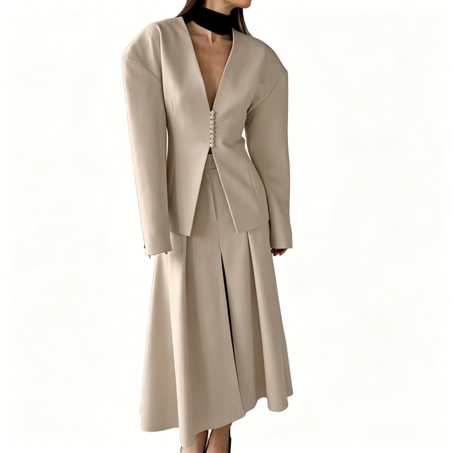 MAG Beige Solid V-neck Blazer Pleated Maxi Skirt 2 Piece Set Women Multi Button Formal Office Lady Autumn Work Custom OEM/ODM