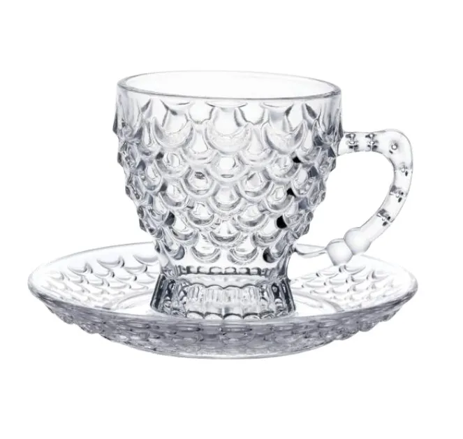 Taza de cristal con escamas de pescado a la moda al por mayor, juego de 12 Uds. De taza De té y café de cristal y platillo, tazas De Mocha con asa, Copas De Te Cafe