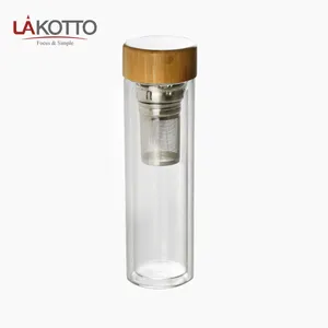 Christmas Gift Insulated Double Walled Glass Tea Carry Water Infuser bottle With Bamboo Lids For Loose Leaf Tea Cup To Go