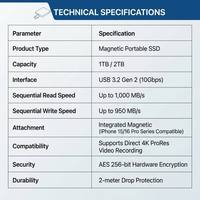 SSD Eksternal Portabel Magnetik 1TB hingga 1000MB/s USB 3.2 Tipe-C untuk iPhone 15 16 Pro Perekaman Video ProRes