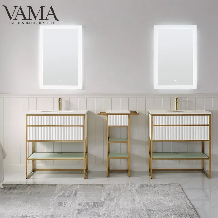 VAMA Factory-tocador de baño de acero inoxidable con tapa y lavabo, 800mm, lujoso, dorado, 790031