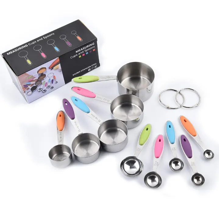 10 pcs Stainless Steel Measuring Cup And Spoon Set With Silicone Grips Baking Gadgets Spoon