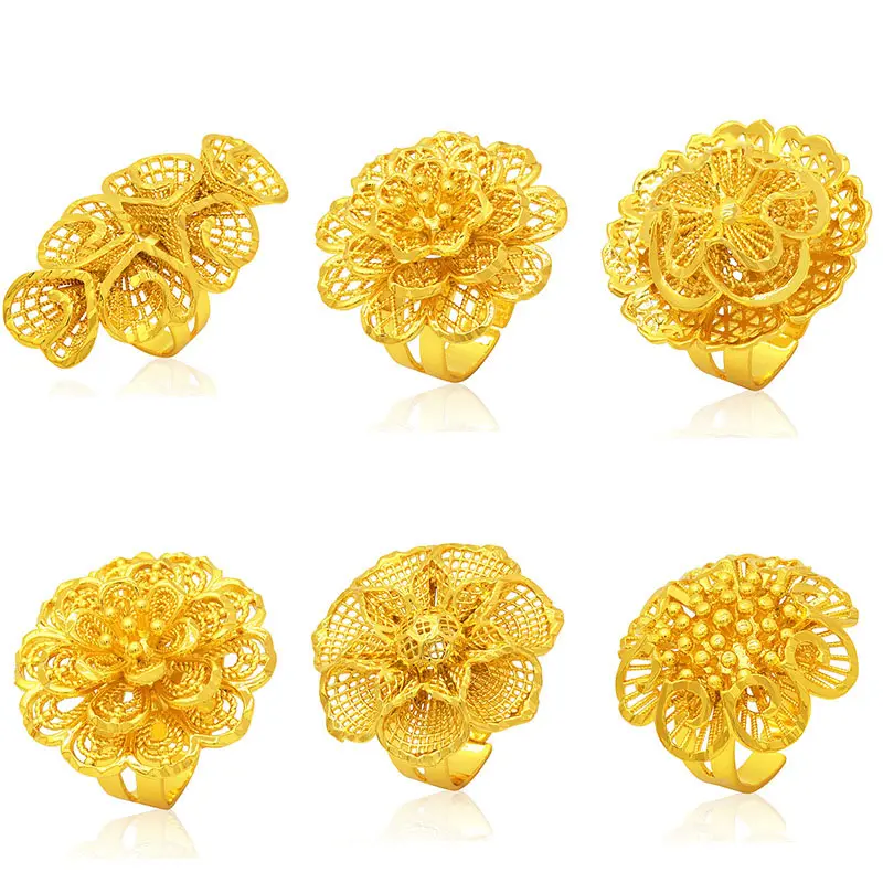 Jachon 2024 Gouden Bloem Ring Grote Kostuum 14K Vergulde Ring Sieraden Bruids Bruiloft Mode Dubai Gouden Ringen