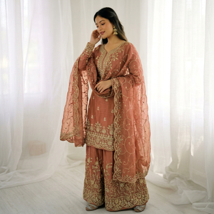 Conjunto de Salwar Kameez con Lentejuelas Bordadas, Dupatta de Tela Rosa, Traje Tradicional Indio Pakistaní para Bodas y Fiestas para Mujer - Product Image 1