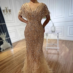 Serena Hill LA72837 <span class=keywords><strong>bianco</strong></span> Nude <span class=keywords><strong>con</strong></span> scollo a V abito da sera <span class=keywords><strong>con</strong></span> perline e <span class=keywords><strong>piume</strong></span> arabe arabe arabiche eleganti abiti da festa - Product Image 3