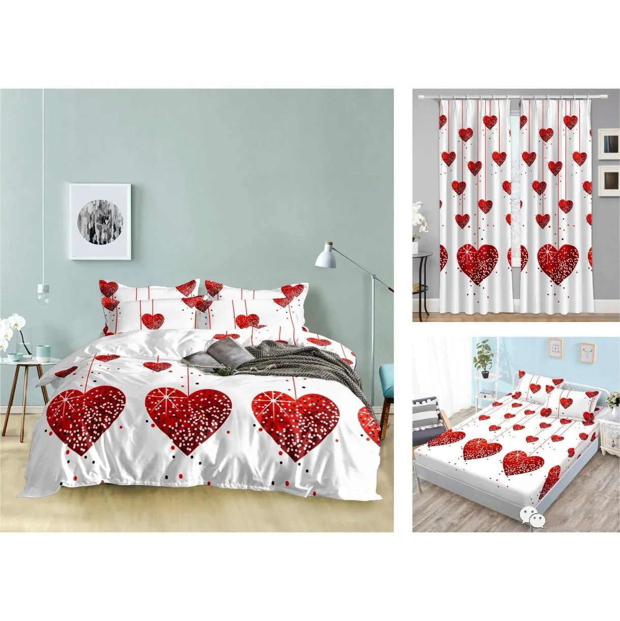 Hotsale 100% Polyester gedruckt weiß schwarz Farbe Herz Liebe Muster Bettlaken Schlafzimmer Bettwäsche Set passenden Vorhang