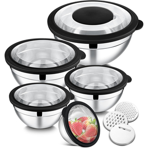 Bol mélangeur en acier inoxydable poli, écologique, avec râpe et saladier, ensemble de couvercles transparents 3-5QT - Product Image 1