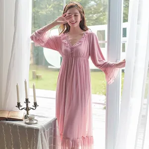 2021 bahar yeni varış uzun kollu örgü modal uzun gecelik göğüs pedi kadınlar kraliyet pijama