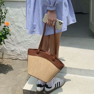 Bolso Tote de Paja Retro Francés para Mujer, Color Marrón Albaricoque Sólido, Tejido, con Cierre Magnético, Verano 2023, para Uso Diario - Product Image 5
