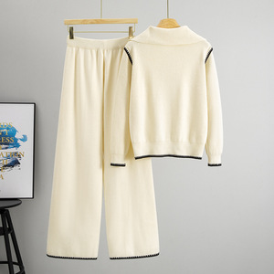 Conjunto de Dos Piezas de Punto para Mujer, Otoño Invierno, Suéter de Cuello Alto con Media Cremallera y Pantalones Anchos - Product Image 2